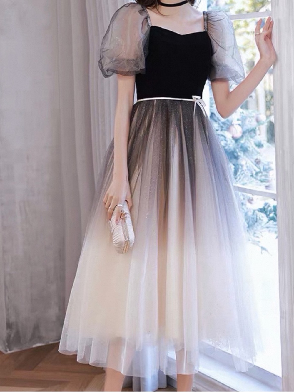 used once ! Elegant Ombre Tulle Midi Dress with Puff Sleeves